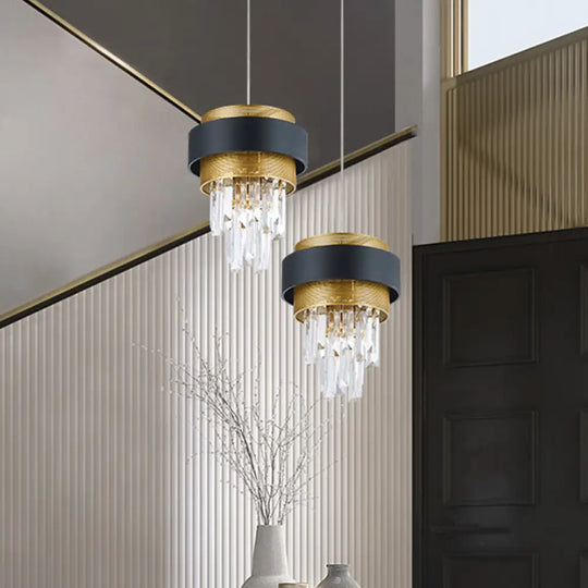 Retro Layered Hanging Lamp With Crystal Rod - 1 Bulb Suspension Lighting Circle Guard In Black &