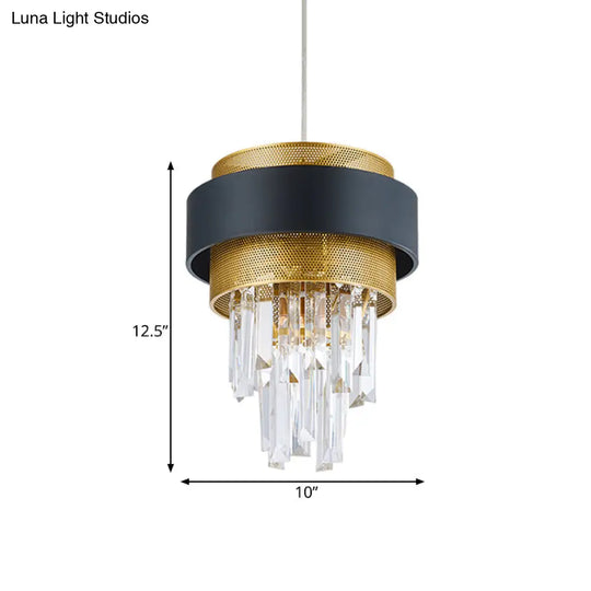 Retro Layered Hanging Lamp With Crystal Rod - 1 Bulb Suspension Lighting Circle Guard In Black &