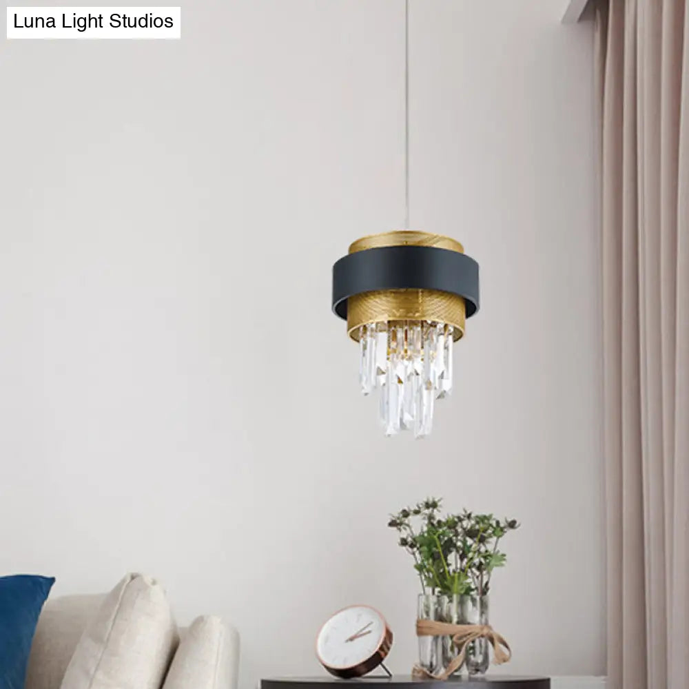 Retro Layered Hanging Lamp With Crystal Rod - 1 Bulb Suspension Lighting Circle Guard In Black &