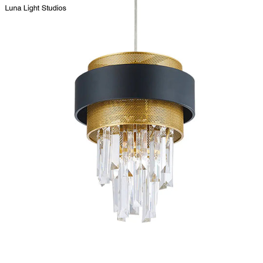 Retro Layered Hanging Lamp With Crystal Rod - 1 Bulb Suspension Lighting Circle Guard In Black &