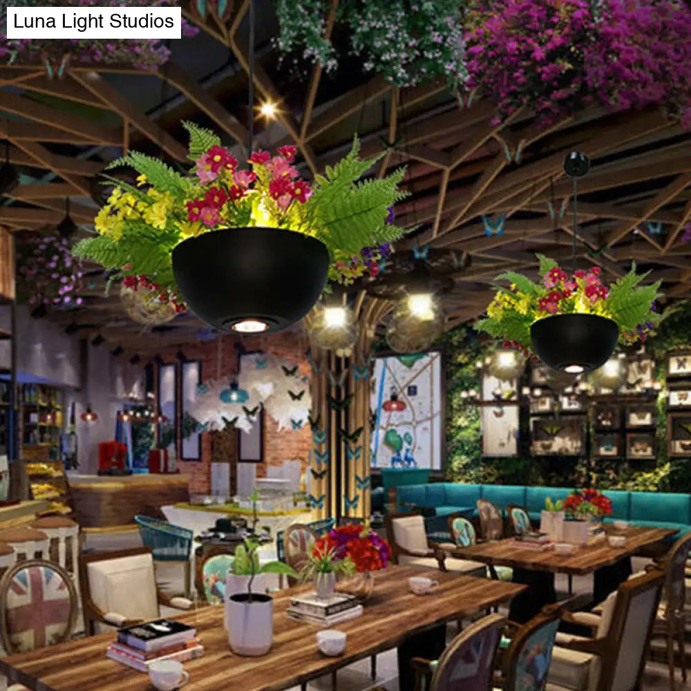 Metal Black Led Pendant Light For Restaurants - Retro Plant Hanging Lamp Bowl 1 Bulb