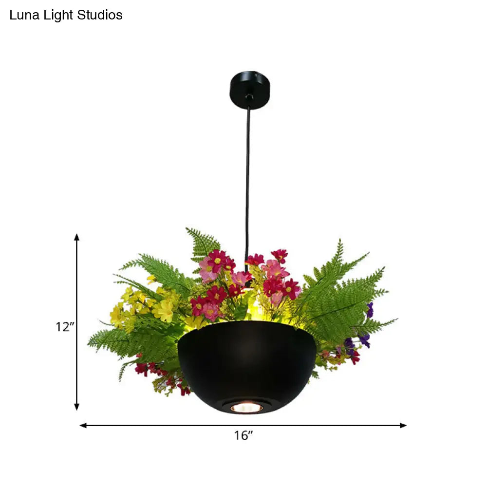 Metal Black Led Pendant Light For Restaurants - Retro Plant Hanging Lamp Bowl 1 Bulb
