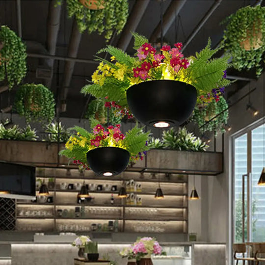 Retro Led Metal Black Pendant Light With Hanging Plant Bowl Perfect For Restaurants