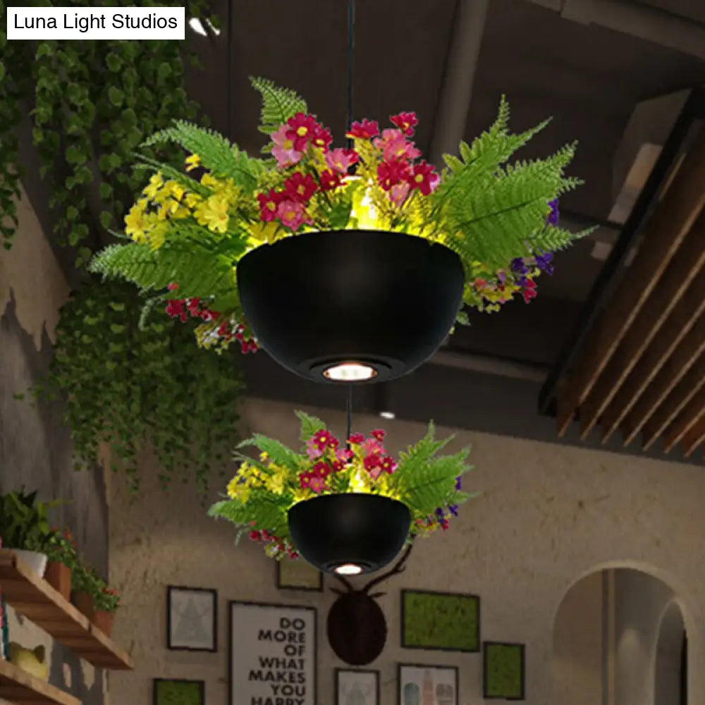 Metal Black Led Pendant Light For Restaurants - Retro Plant Hanging Lamp Bowl 1 Bulb