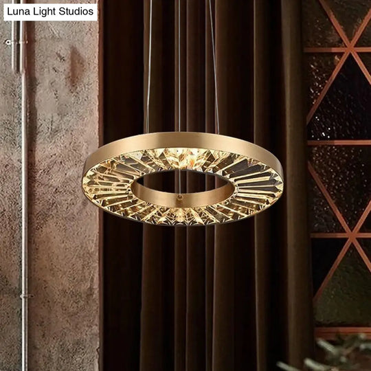 Retro Led Hanging Lamp: Gold Circle Suspension Lighting With Prismatic Crystal Shade In Warm/Natural