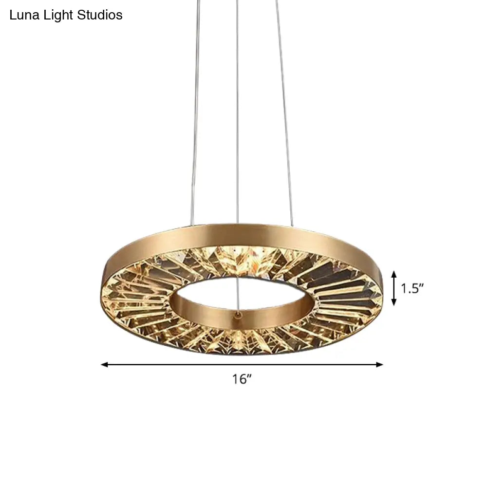 Retro Led Hanging Lamp: Gold Circle Suspension Lighting With Prismatic Crystal Shade In Warm/Natural