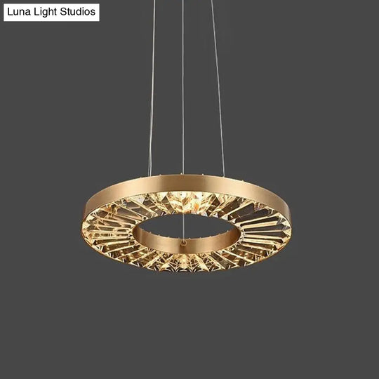 Retro Led Hanging Lamp: Gold Circle Suspension Lighting With Prismatic Crystal Shade In Warm/Natural