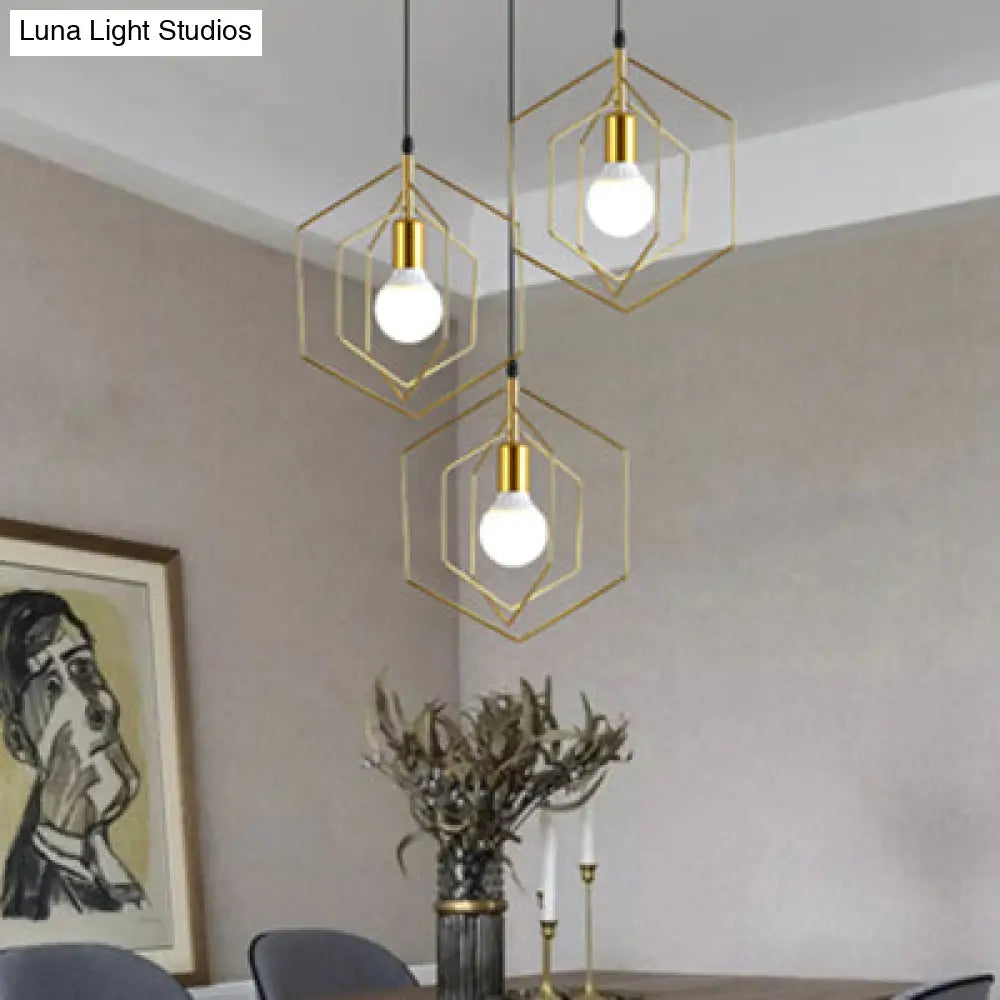 Retro Loft 3-Light Gold Hanging Pendant Light With Hexagon Metal Frame