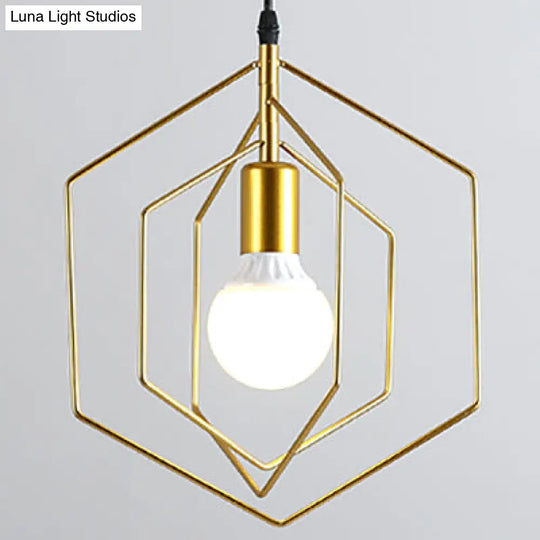 Retro Loft 3-Light Gold Hanging Pendant Light With Hexagon Metal Frame