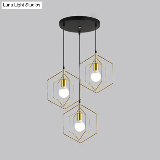 Retro Loft 3-Light Hexagon Metal Suspension Pendant In Gold / Round