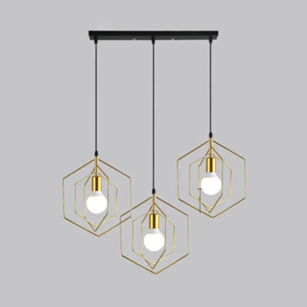 Retro Loft 3-Light Gold Hanging Pendant Light With Hexagon Metal Frame / Linear