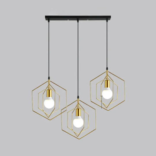 Retro Loft 3-Light Gold Hanging Pendant Light With Hexagon Metal Frame / Linear