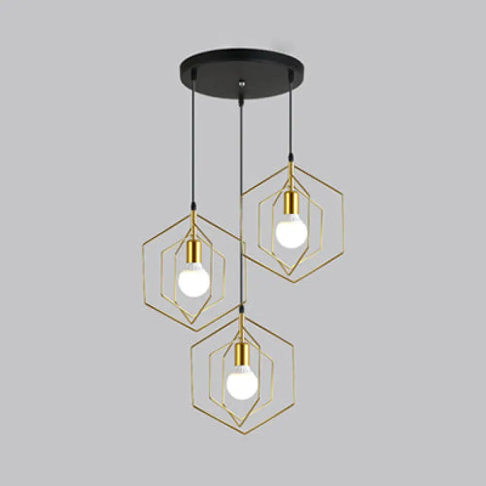 Retro Loft 3-Light Gold Hanging Pendant Light With Hexagon Metal Frame / Round