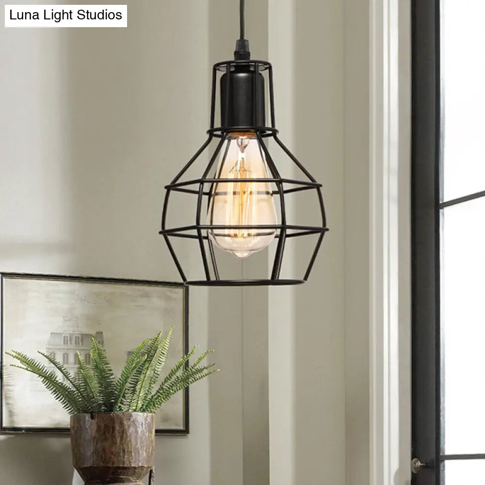 Retro Loft Black Metal Hanging Ceiling Light - 1 Bulb Plug In Suspension With Globe Cage Shade