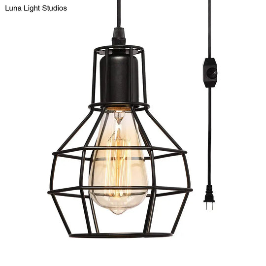 Retro Loft Black Metal Hanging Ceiling Light With Globe Cage Shade - Plug-In Suspension