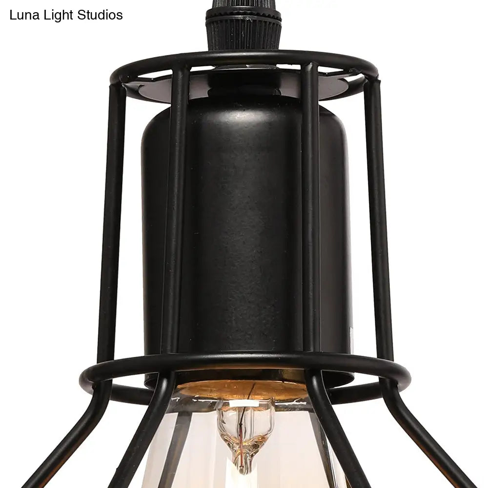 Retro Loft Black Metal Hanging Ceiling Light With Globe Cage Shade - Plug-In Suspension