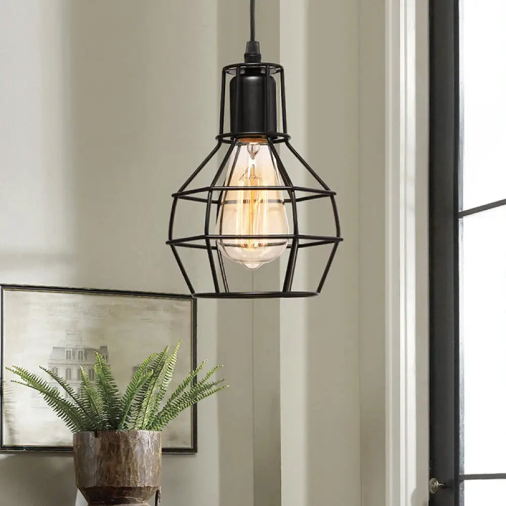 Retro Loft Black Metal Hanging Ceiling Light With Globe Cage Shade - Plug-In Suspension