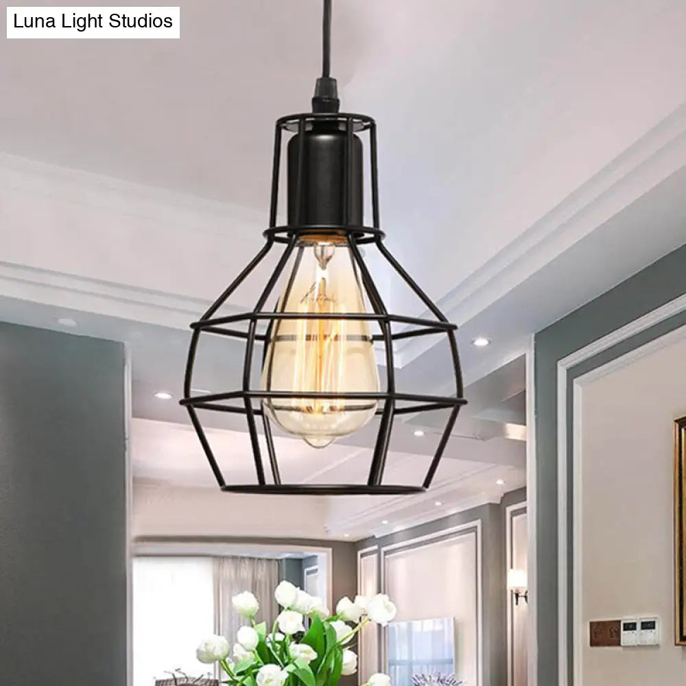 Retro Loft Black Metal Hanging Ceiling Light - 1 Bulb Plug In Suspension With Globe Cage Shade