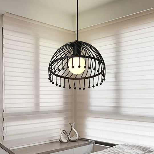 Retro Loft Black Metal Pendant Lamp: 1-Light Dome Caged Ceiling Light For Living Room