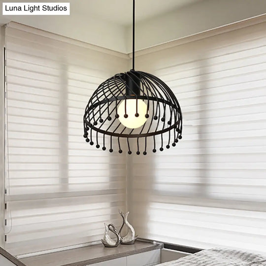 Retro Loft Dome Caged Pendant Lamp - Black Finish Metal Hanging Ceiling Light For Living Room