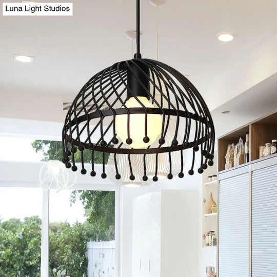 Retro Loft Dome Caged Pendant Lamp - Black Finish Metal Hanging Ceiling Light For Living Room