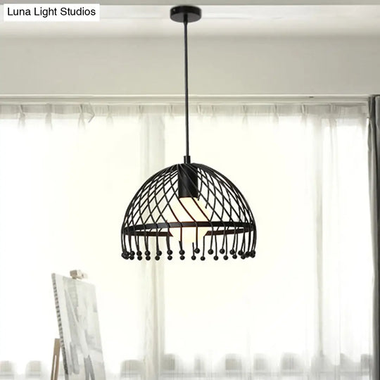 Retro Loft Black Metal Pendant Lamp: 1-Light Dome Caged Ceiling Light For Living Room