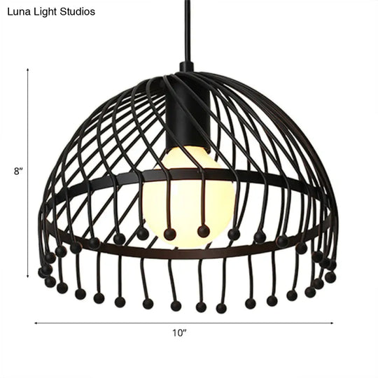 Retro Loft Black Metal Pendant Lamp: 1-Light Dome Caged Ceiling Light For Living Room