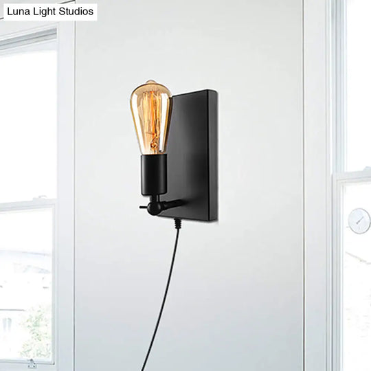 Retro Loft Black Metal Sconce Lamp: 1-Light Plug-In Wall Lamp With Exposed Bulb - Dining Room