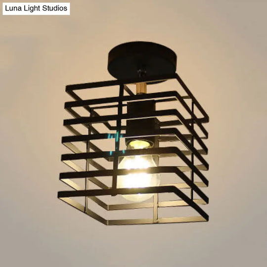 Retro Loft Black Metallic Semi Flush Pendant Light With Cage Shade - 1 Bulb Square Ceiling Fixture