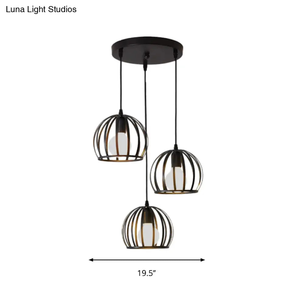 Retro Loft Dome Pendant Light With Cage Shade - Black 3 Bulbs Dining Room Ceiling Fixture