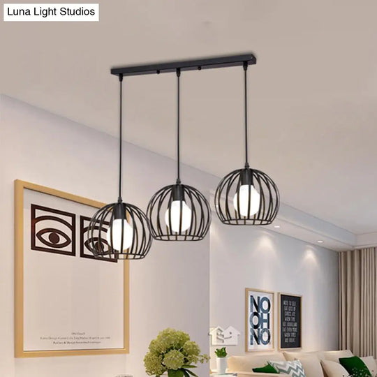 Retro Loft Pendant Lighting With Cage Shade - Dining Room Ceiling Fixture In Black / Linear