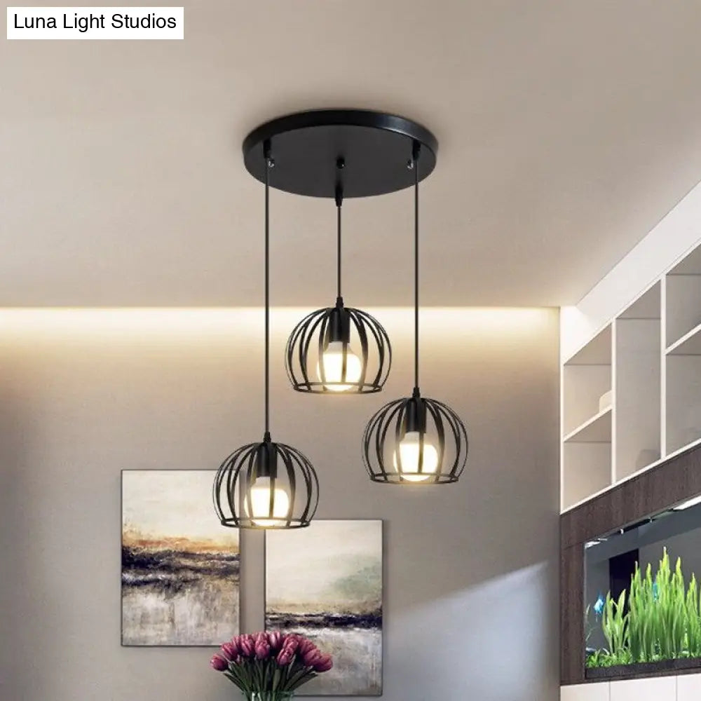 Retro Loft Pendant Lighting With Cage Shade - Dining Room Ceiling Fixture In Black / Round