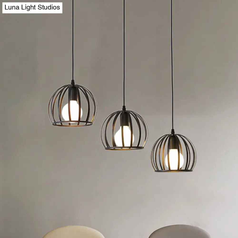 Retro Loft Dome Pendant Light With Cage Shade - Black 3 Bulbs Dining Room Ceiling Fixture