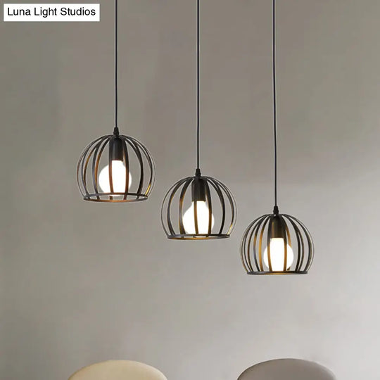 Retro Loft Dome Pendant Light With Cage Shade - Black 3 Bulbs Dining Room Ceiling Fixture