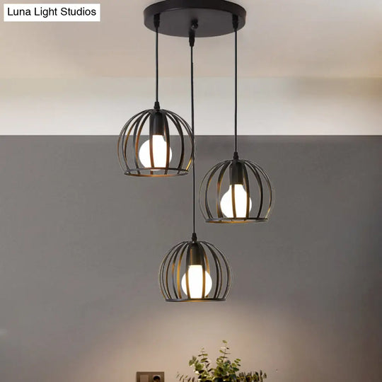 Retro Loft Dome Pendant Light With Cage Shade - Black 3 Bulbs Dining Room Ceiling Fixture