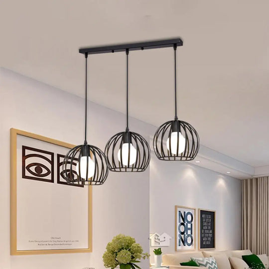 Retro Loft Dome Pendant Light With Cage Shade - Black 3 Bulbs Dining Room Ceiling Fixture / Linear