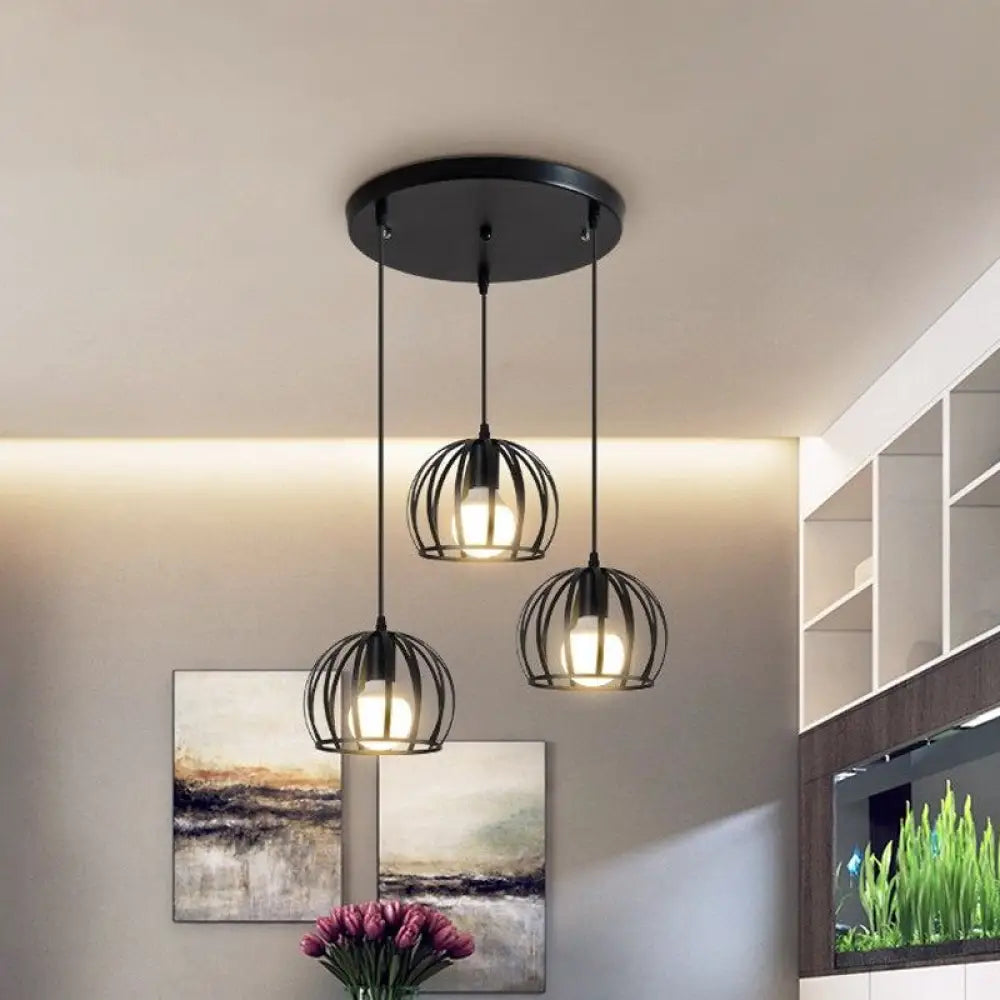 Retro Loft Dome Pendant Light With Cage Shade - Black 3 Bulbs Dining Room Ceiling Fixture / Round
