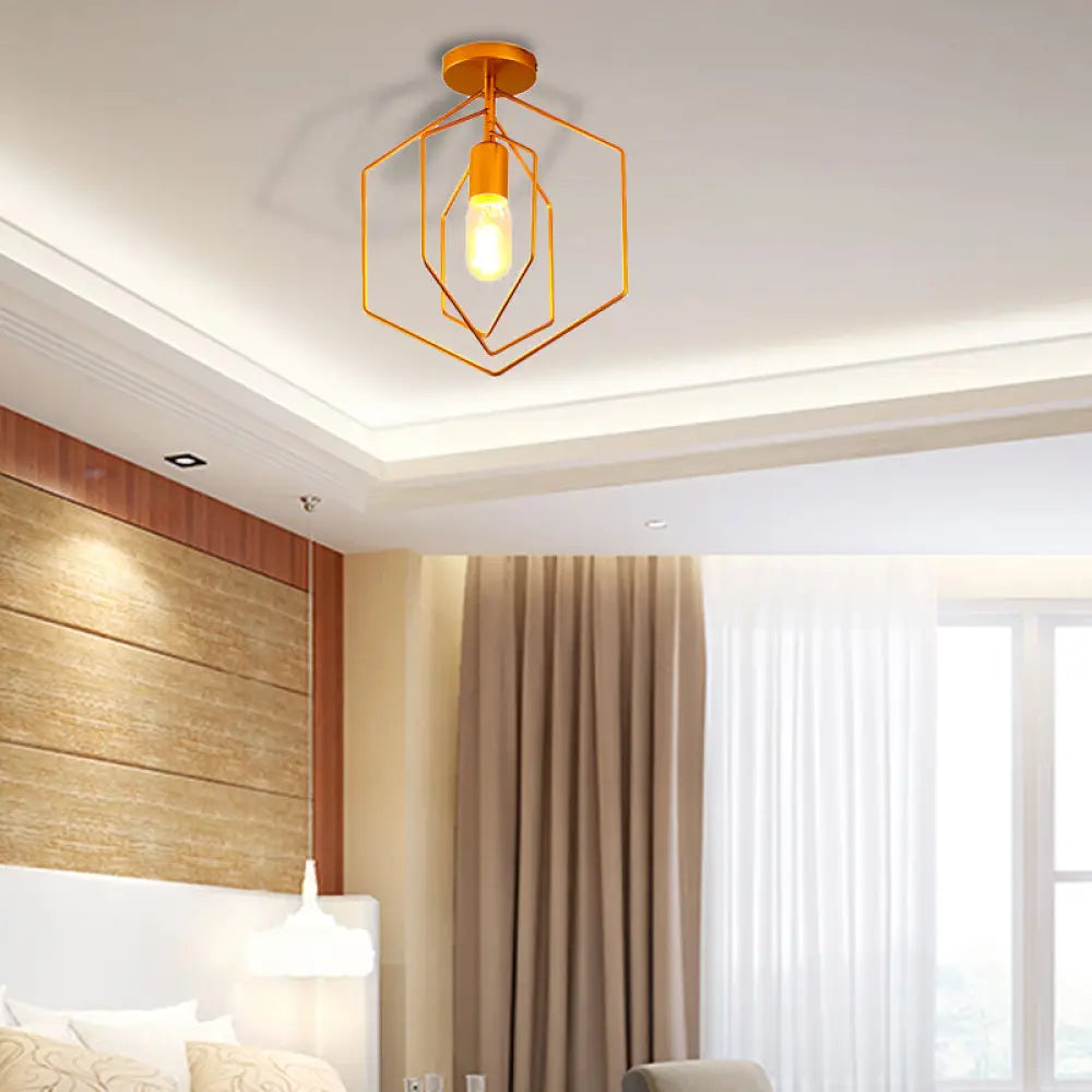 Retro Loft Gold Metal Hexagon Semi Flush Pendant Light For Living Room