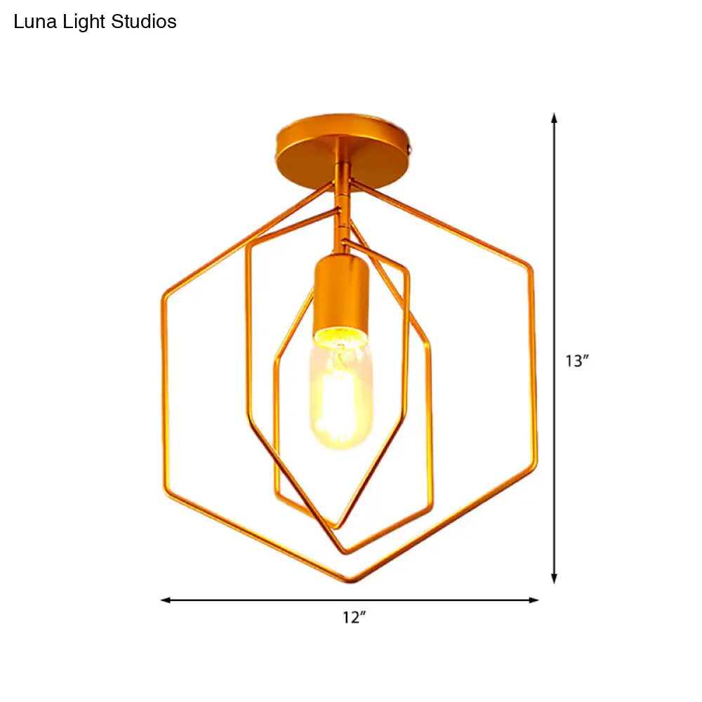 Retro Loft Gold Metal Hexagon Semi Flush Pendant Light For Living Room