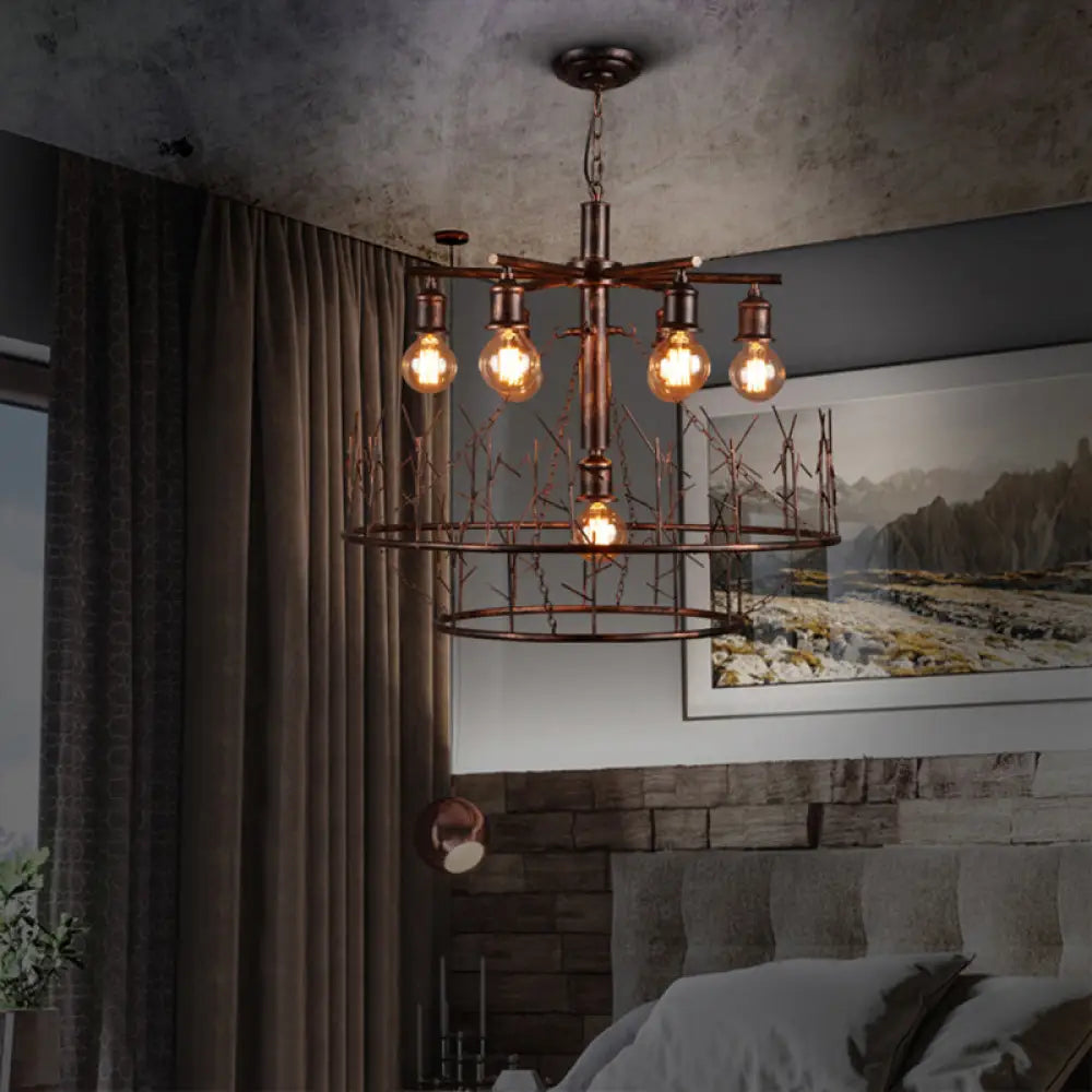 Retro Loft Metal Sputnik Chandelier Pendant Light - 7 Open Bulb Design In Copper 39’ Chain Weathered