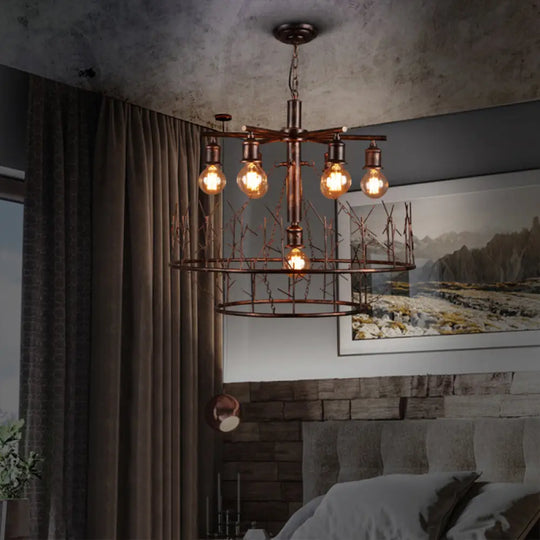 Retro Loft Metal Sputnik Chandelier Pendant Light - 7 Open Bulb Design In Copper 39’ Chain Weathered