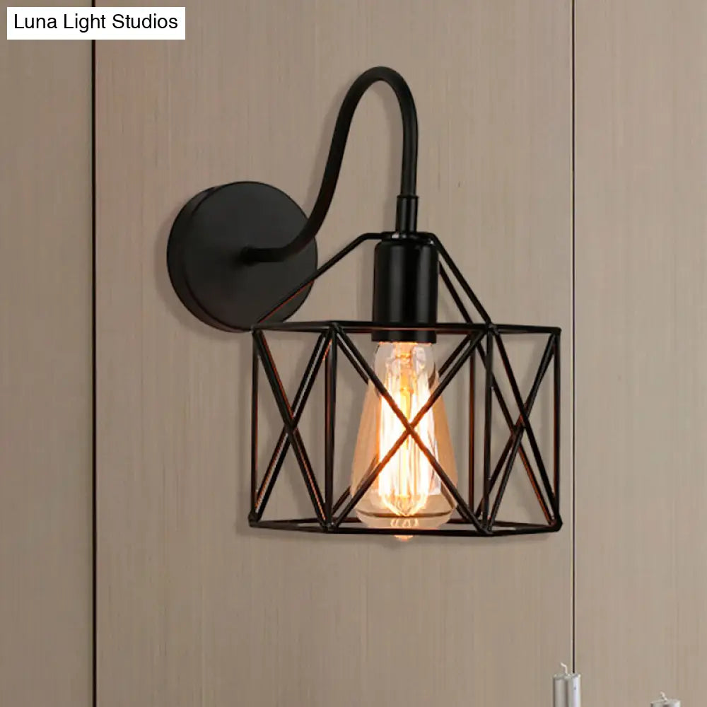 Retro Loft Metal Wall Mount Light With Gooseneck Arm - Black X-Cage Design 1 Bar