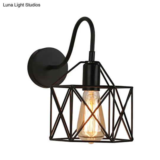 Retro Loft Metal Wall Mount Light With Gooseneck Arm - Black X-Cage Design 1 Bar