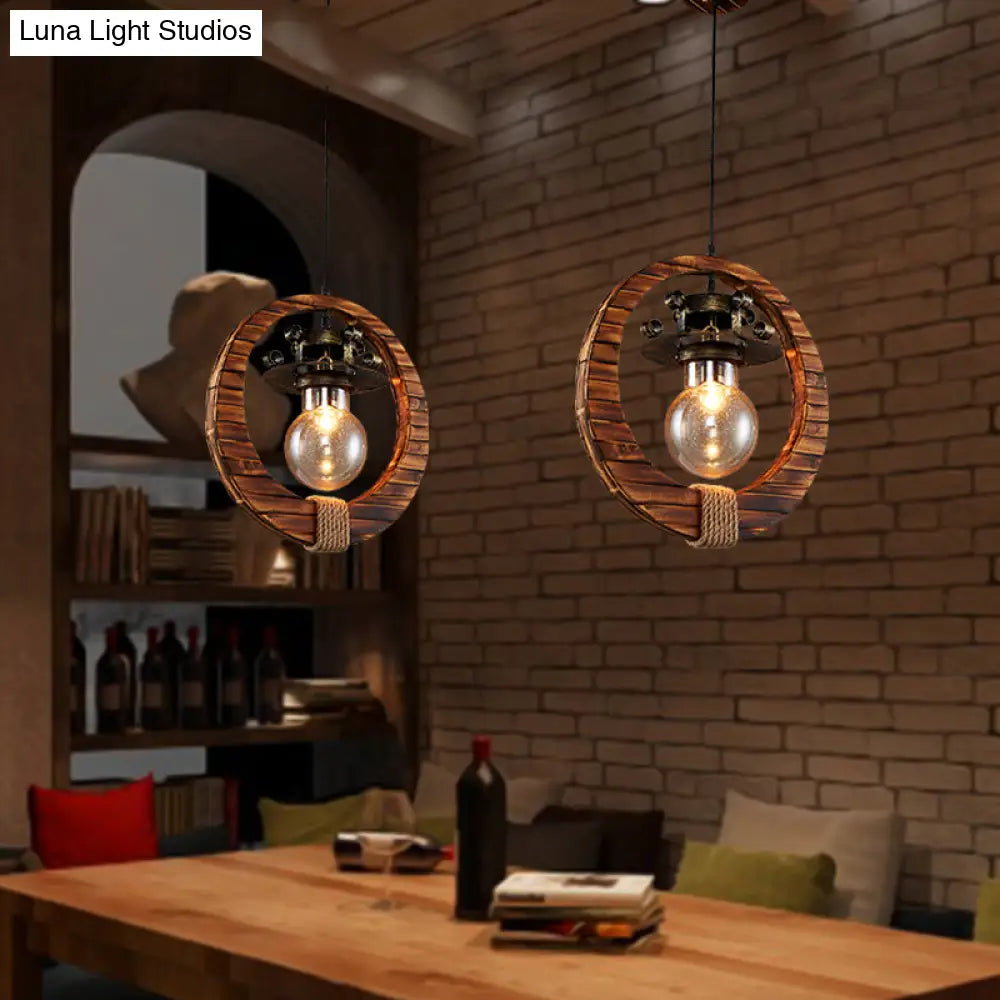 Retro Loft Ring Pendant Lamp - 1 Light Wood & Metal Ceiling For Cafe Bistro Bar