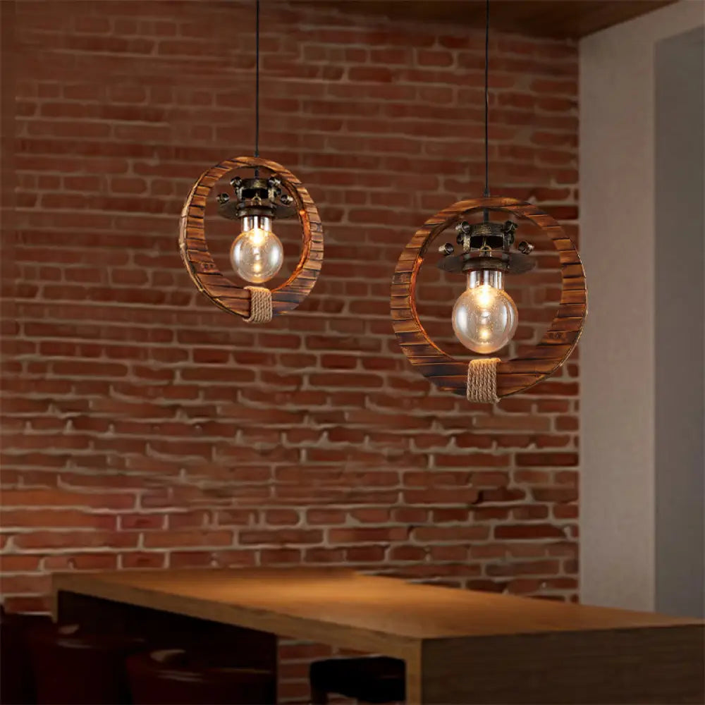 Retro Loft Ring Pendant Lamp - 1 Light Wood & Metal Ceiling For Cafe Bistro Bar