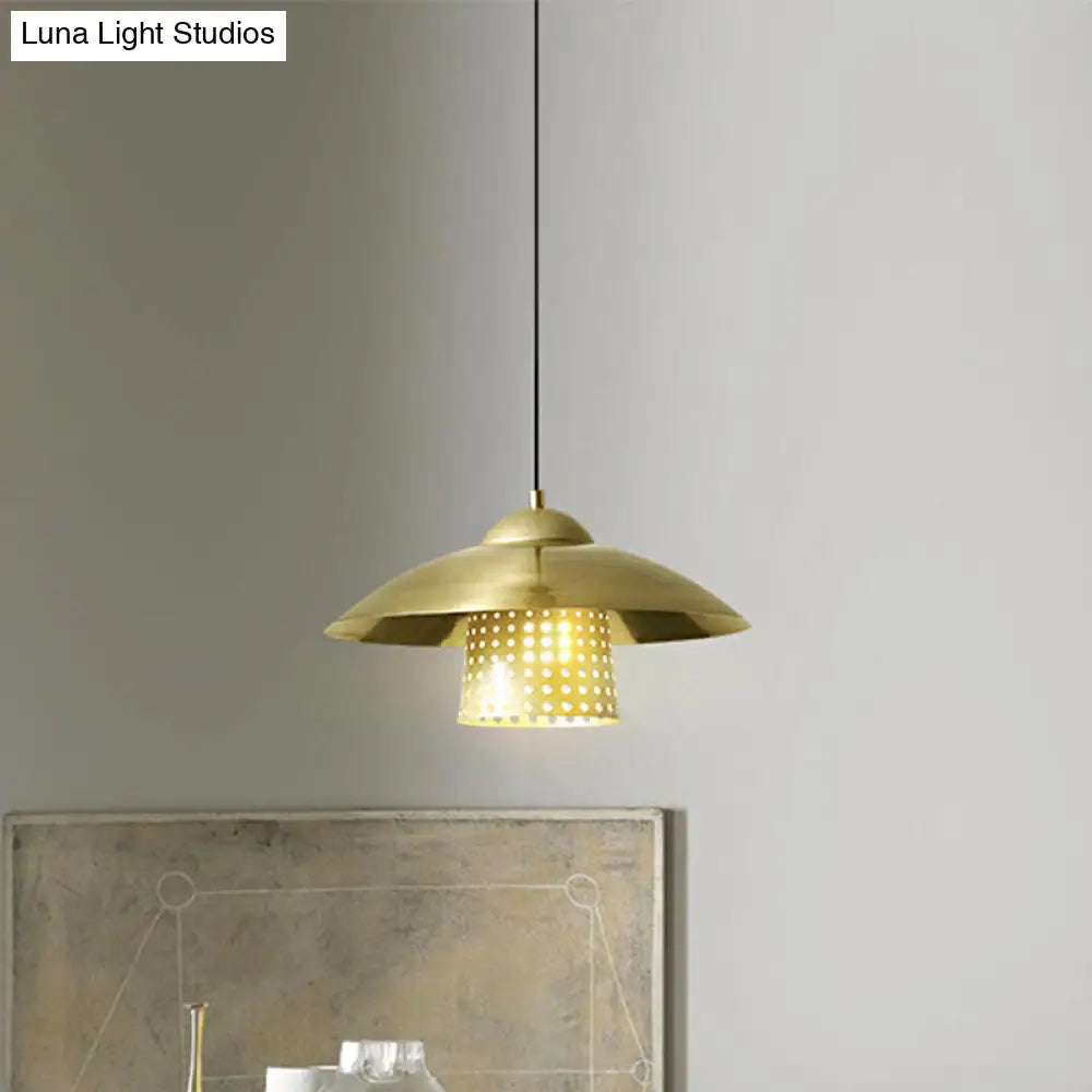 Commercial Pendant Light With Retro Mesh Cloche Design And Saucer Cap - Black/White/Gold