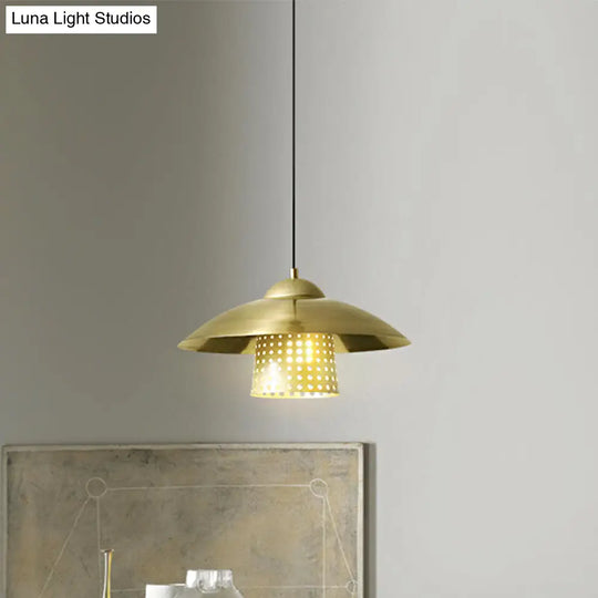 Commercial Pendant Light With Retro Mesh Cloche Design And Saucer Cap - Black/White/Gold