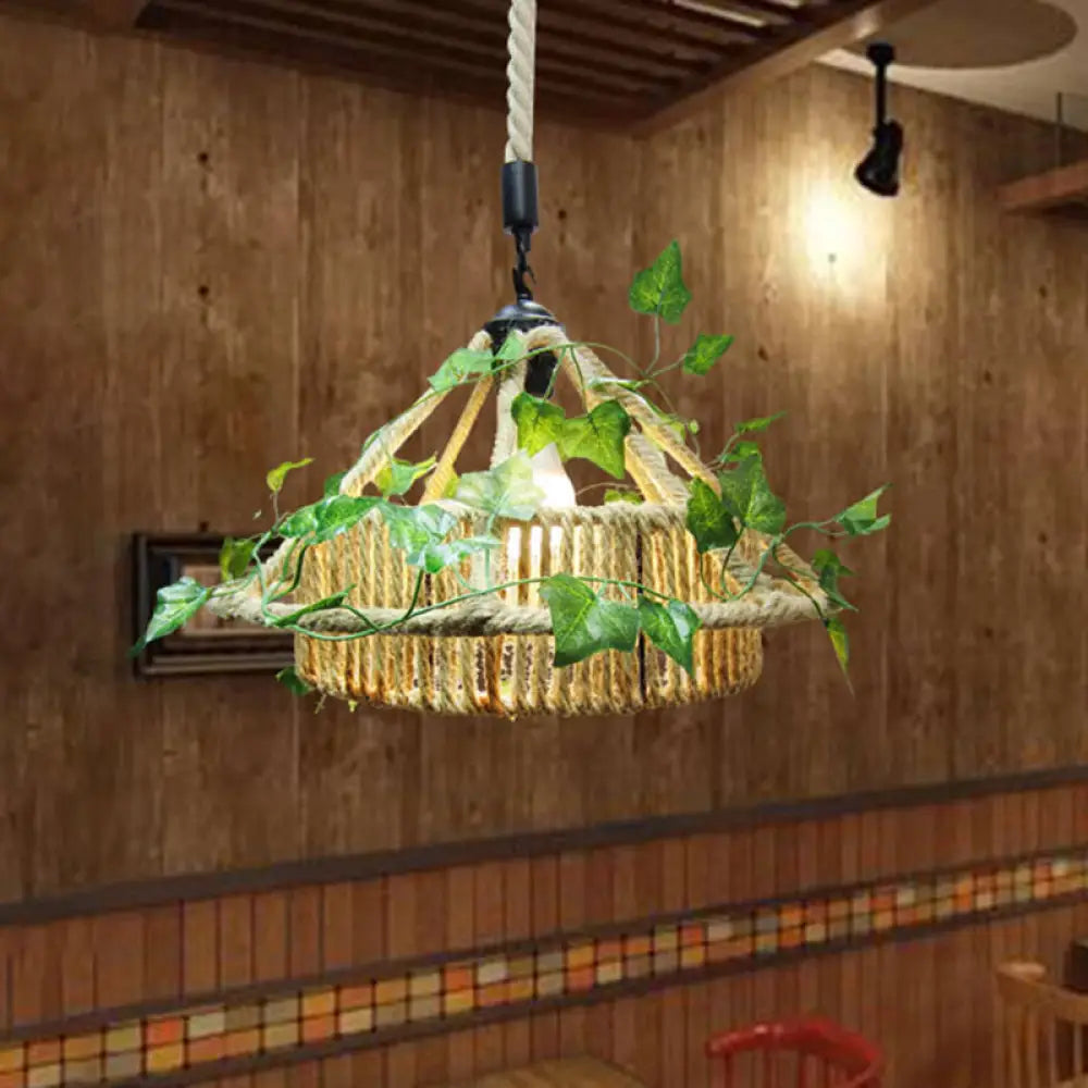 Retro Metal 1-Head Yellow Led Pendant Ceiling Light With Plant Decor - House Restaurant