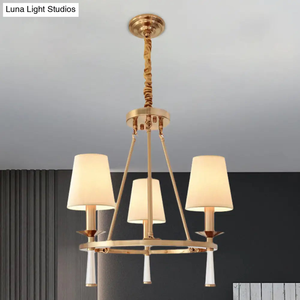 Retro Metal 3-Light White Pendant Chandelier For Dining Room - Ring Design With Cone Fabric Shade