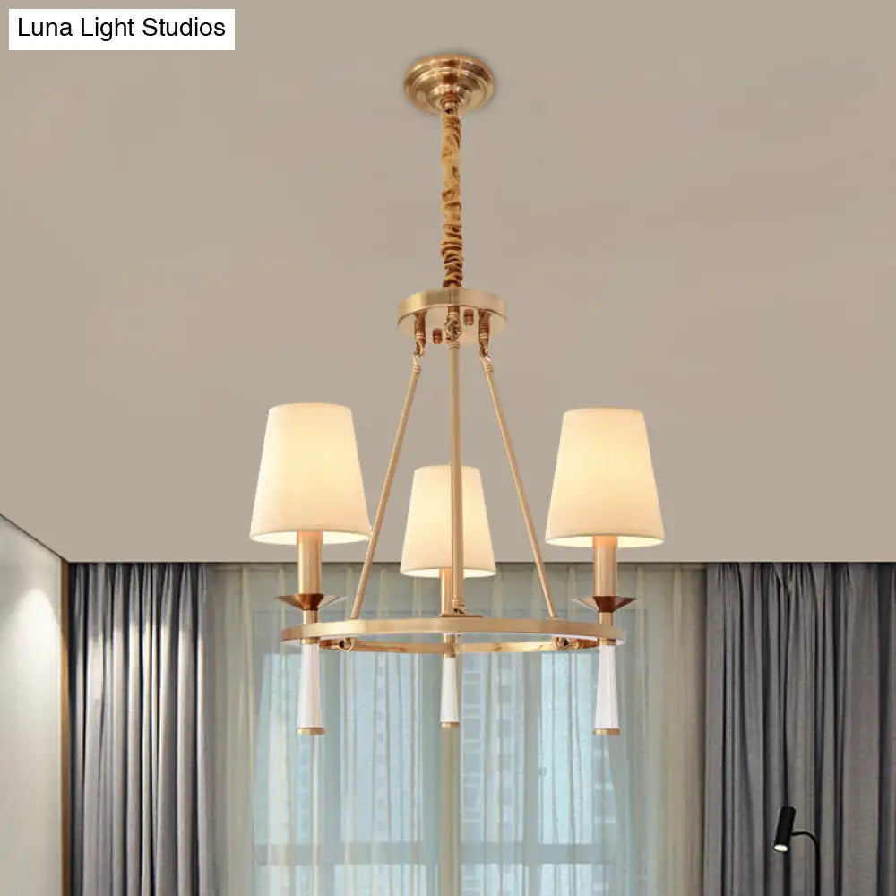 Retro Metal 3-Light White Pendant Chandelier For Dining Room - Ring Design With Cone Fabric Shade